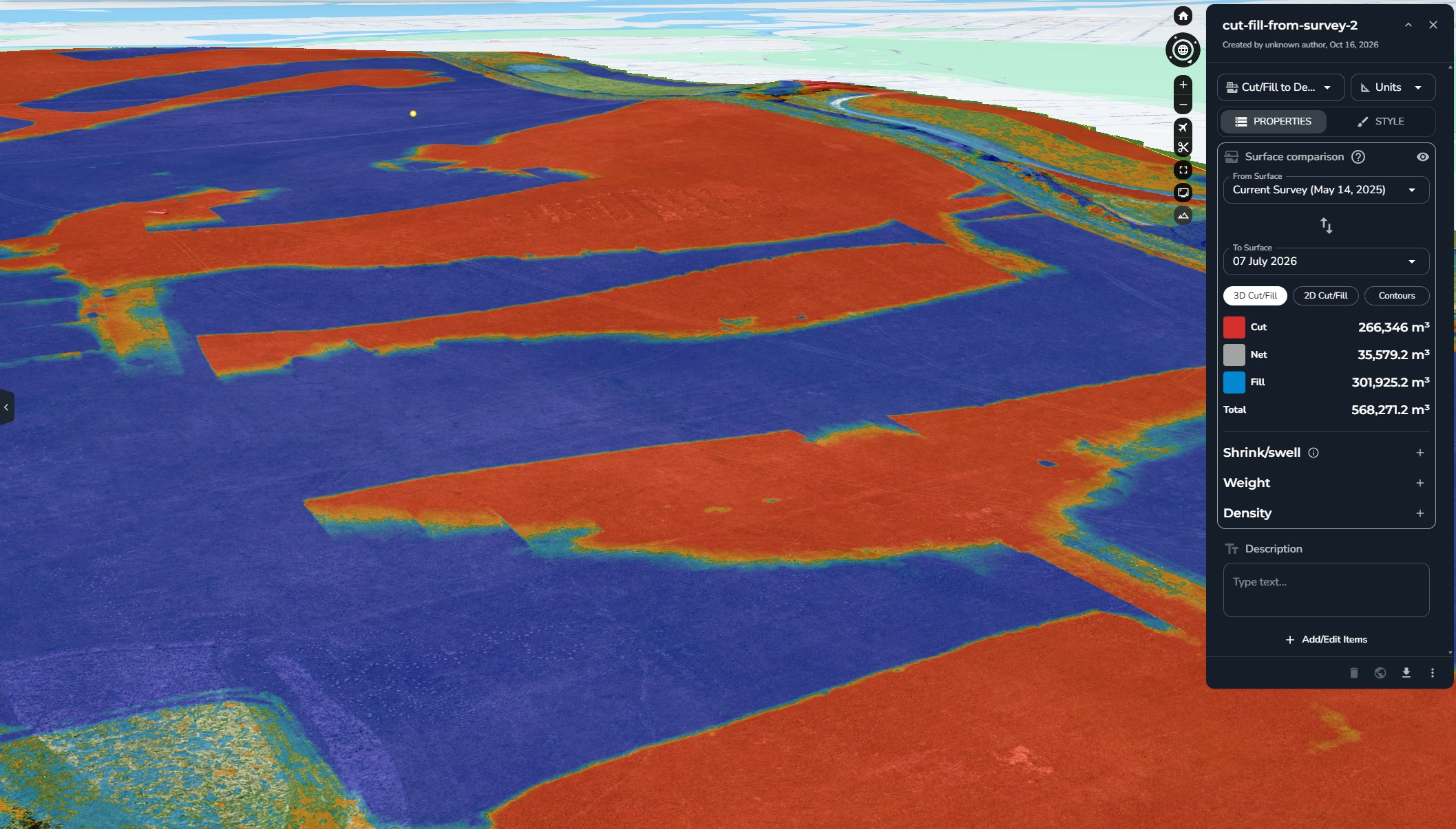 3D cut and fill comparison between two survey surfaces across a large open site, with cut shown in red, fill in blue, and the cut, fill, net and total volumes in cubic metres