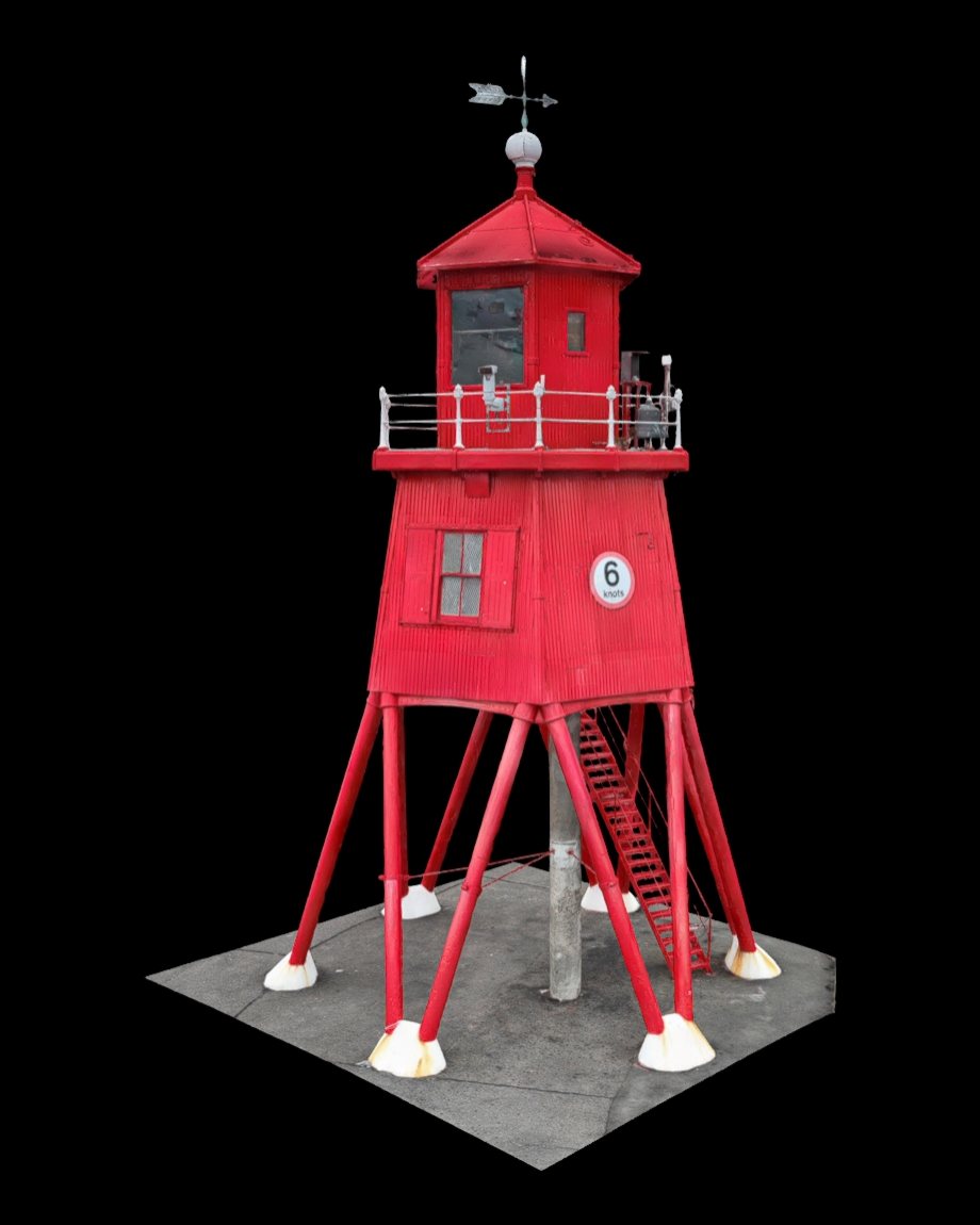 Droneacres 3D model of Herd Groyne Lighthouse, South Shields: the red lantern room with gallery railings and a weathervane, raised on legs with an access ladder