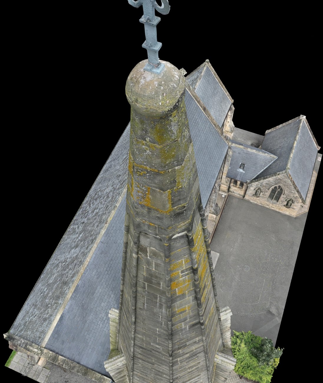 Close view of the spire of St Robert's Church in the Droneacres 3D model, showing the finial, cross and weathered stonework
